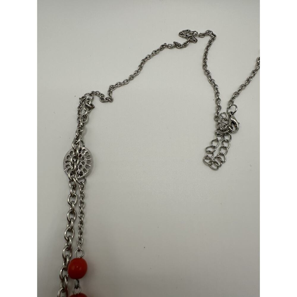 Silver Tone Multi Strand Chain Necklace With Red Plastic Beads 40” - Picture 6 of 8
